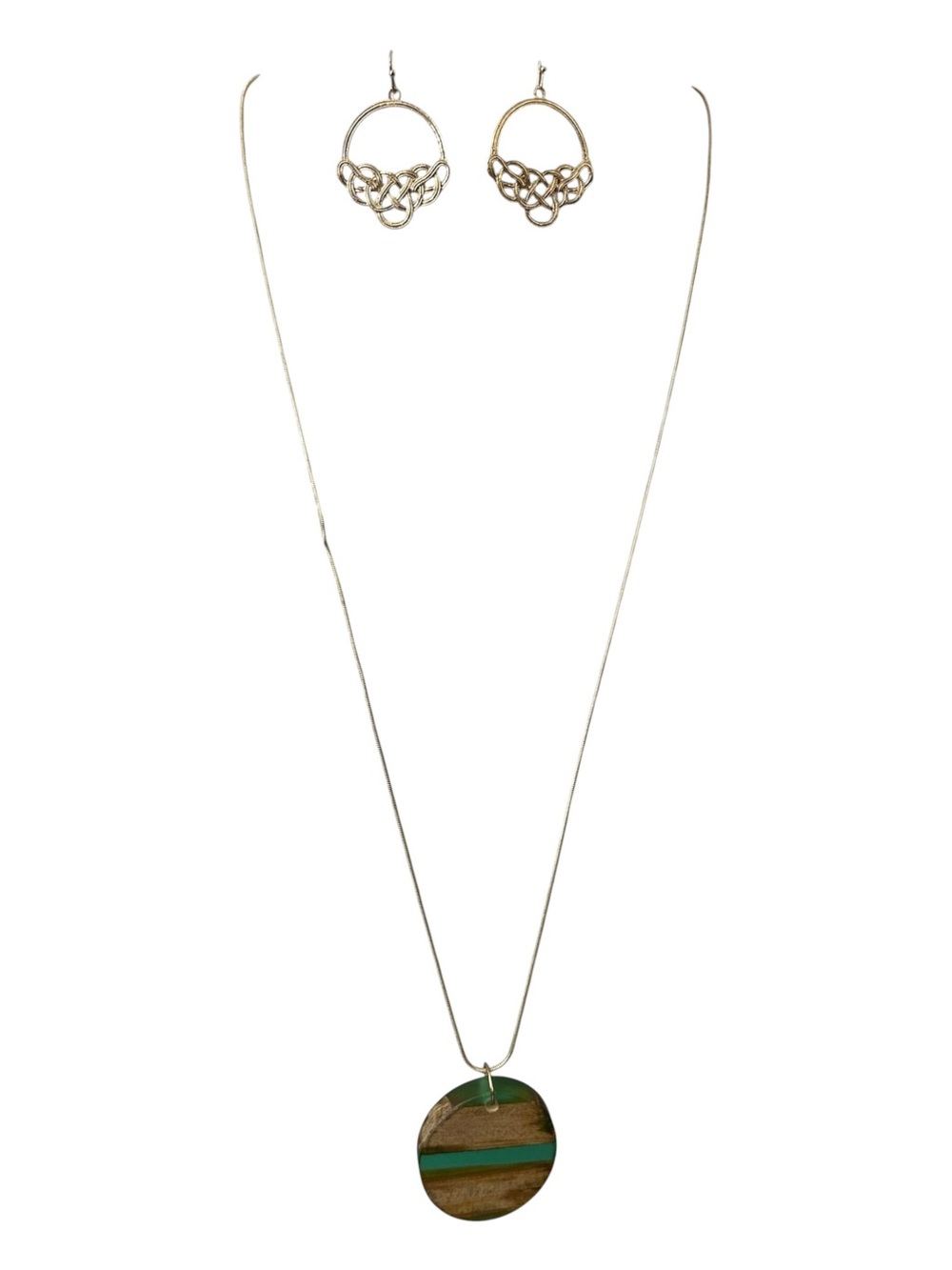 Gold-Tone Green Stripe Pendant Necklace & Earrings Set